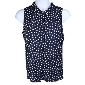 Karl Lagerfeld Women Sleeveless Button Down Blouse Navy Polka Dot M